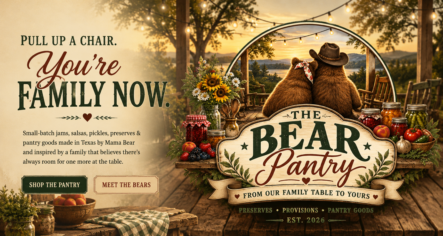 Pull up a chair, you're family now. The Bear Pantry — preserves, provisions & pantry goods, from our family table to yours. Est. 2026.