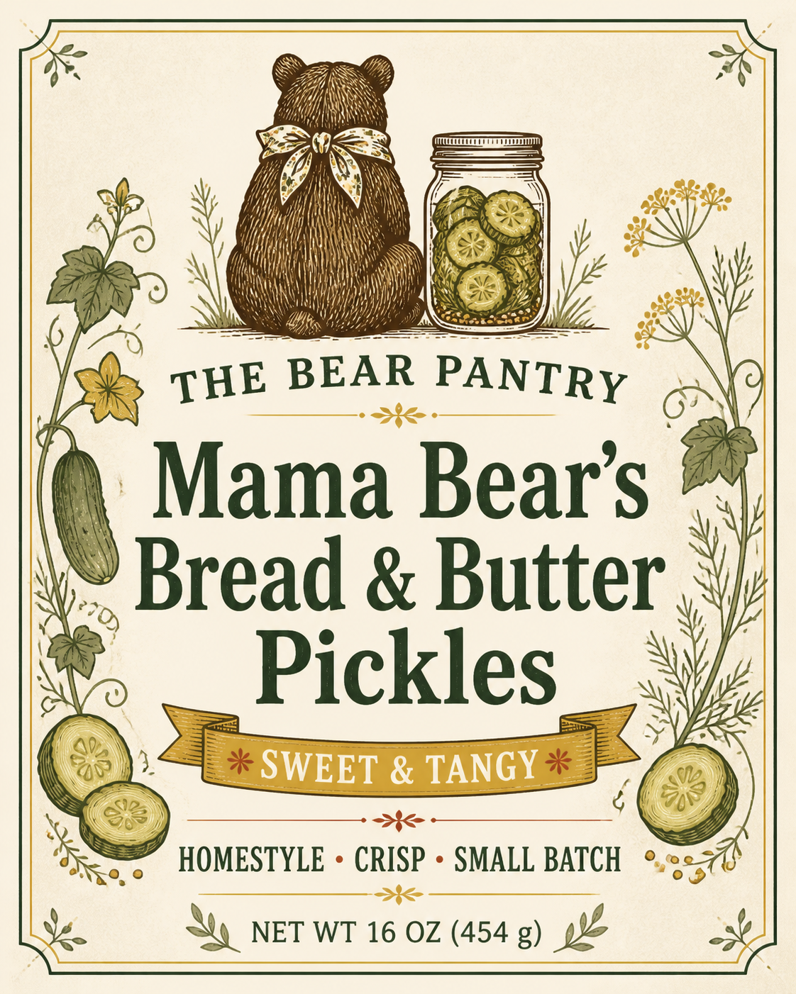 Mama Bear's Bread & Butter Pickles jar label, The Bear Pantry