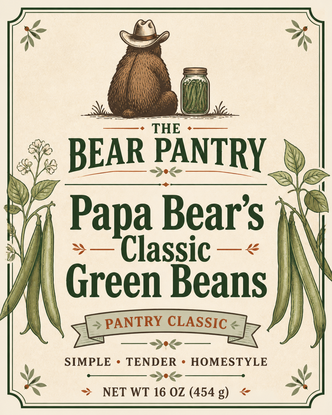 Papa Bear's Classic Green Beans jar label, The Bear Pantry