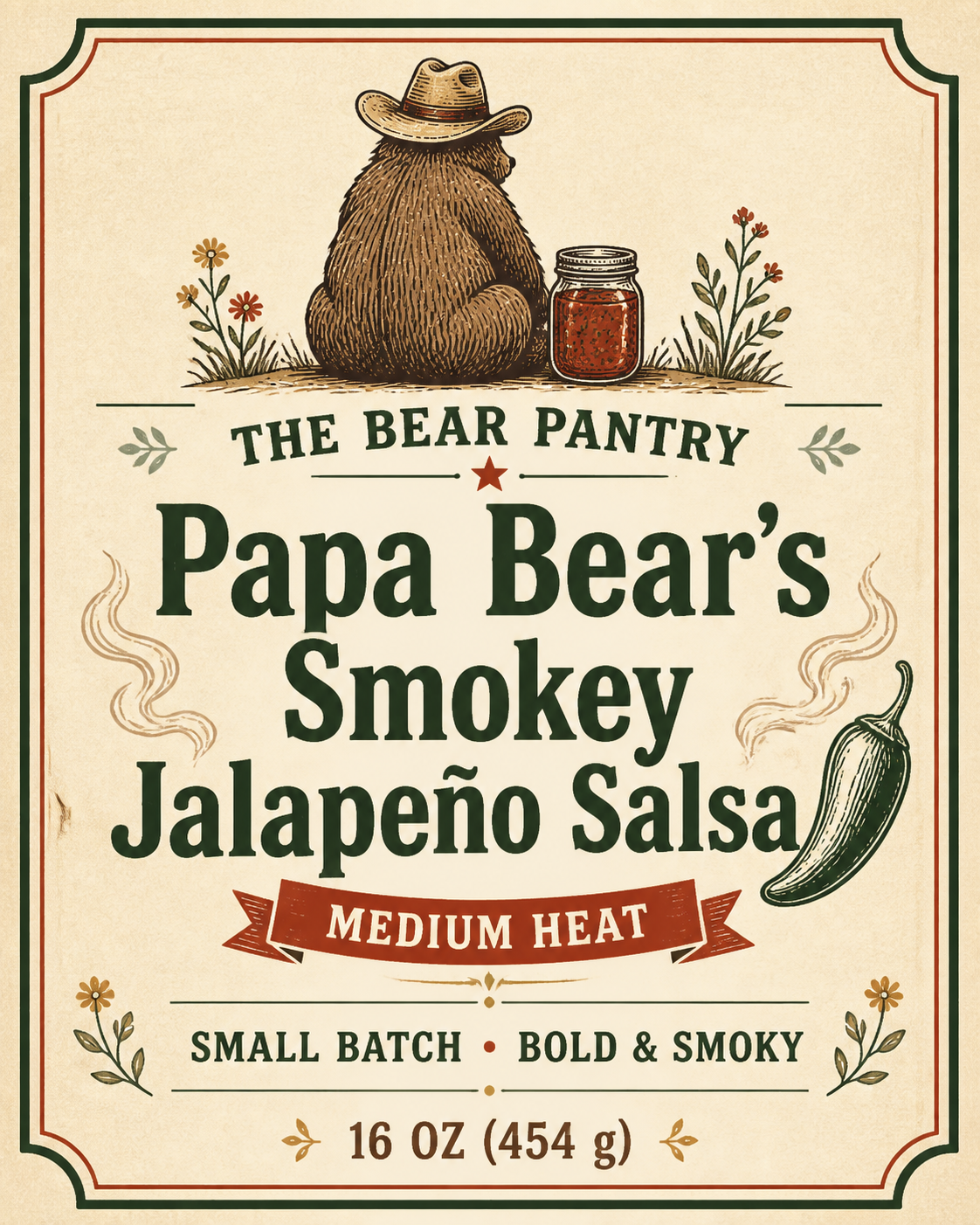 Papa Bear's Smokey Jalapeño Salsa jar label, The Bear Pantry